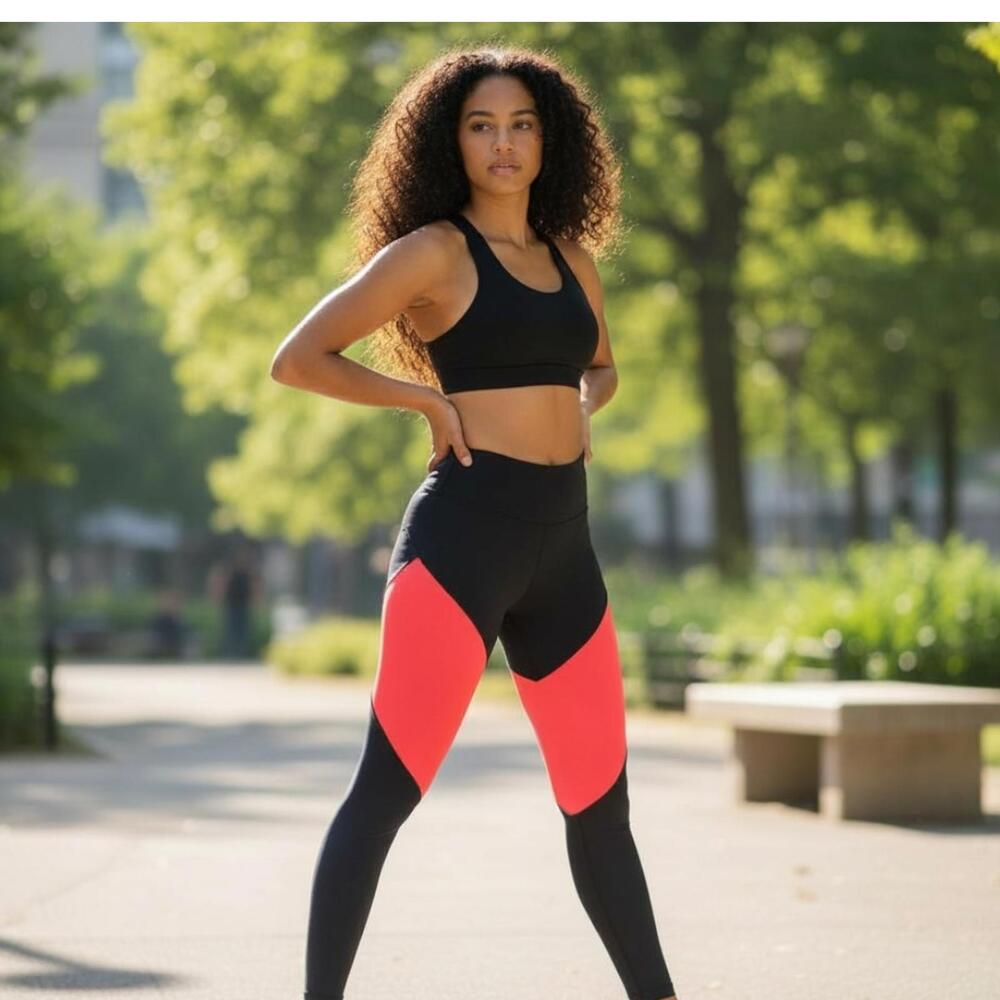 Onzie Women's Black and Red Colorblock Athletic Leggings Size XS